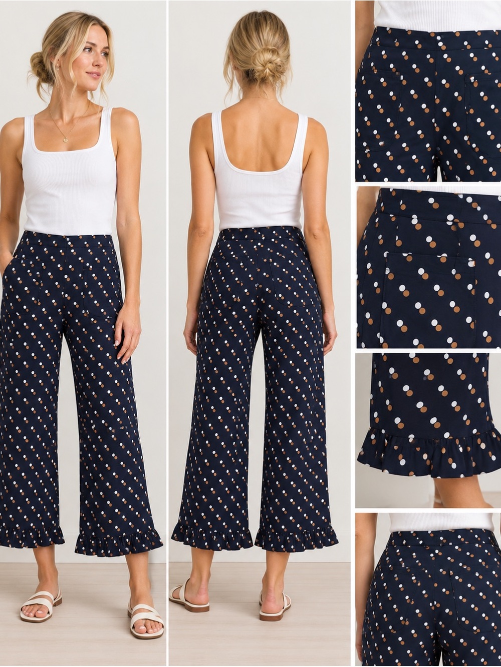Anthropologie Maeve Navy Wide-Leg Polka Dot Crop Pants with Ruffle Hem